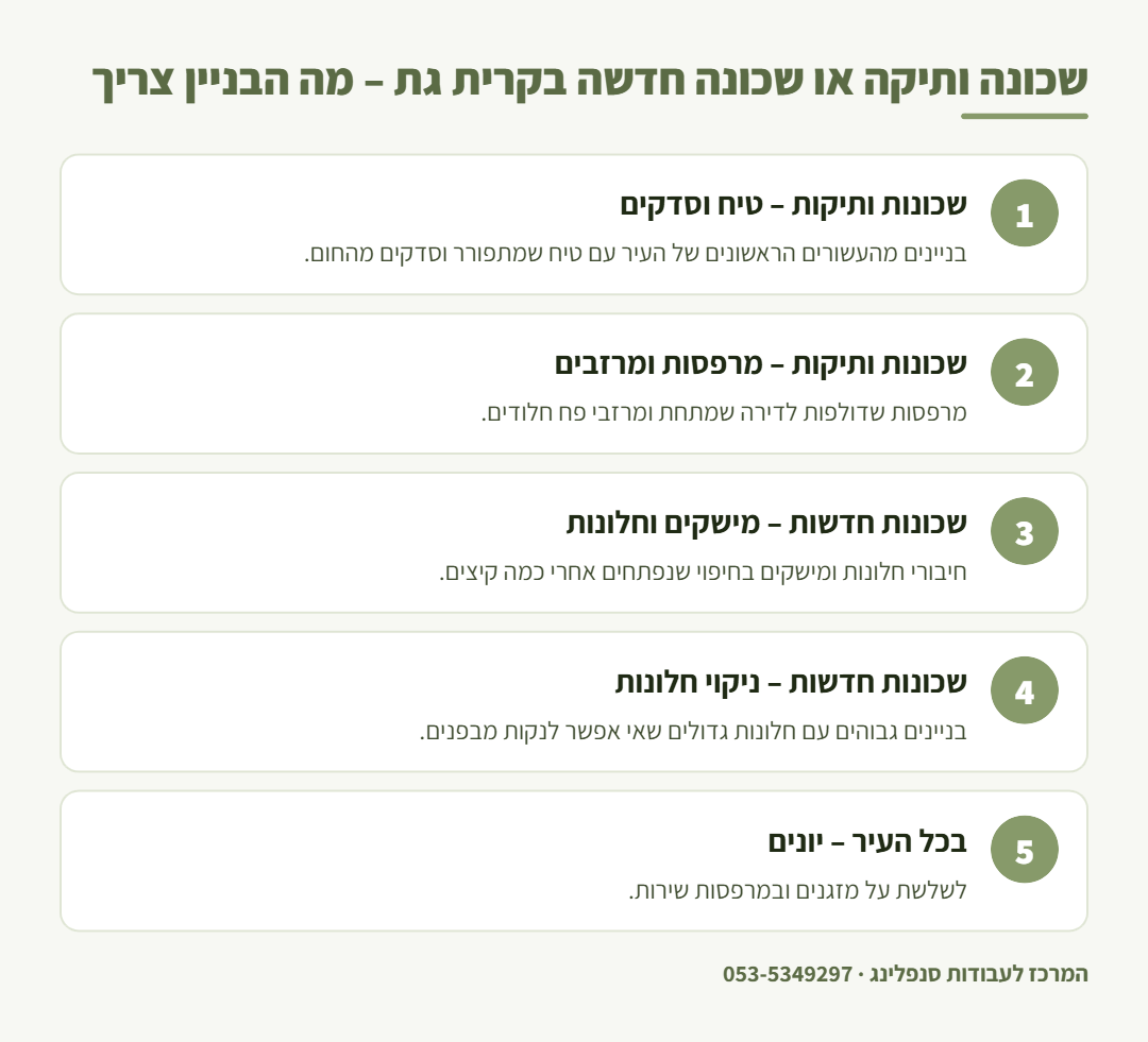 אינפוגרפיקה: עבודות הגובה שנדרשות בבניינים בשכונות הוותיקות ובשכונות החדשות של קרית גת