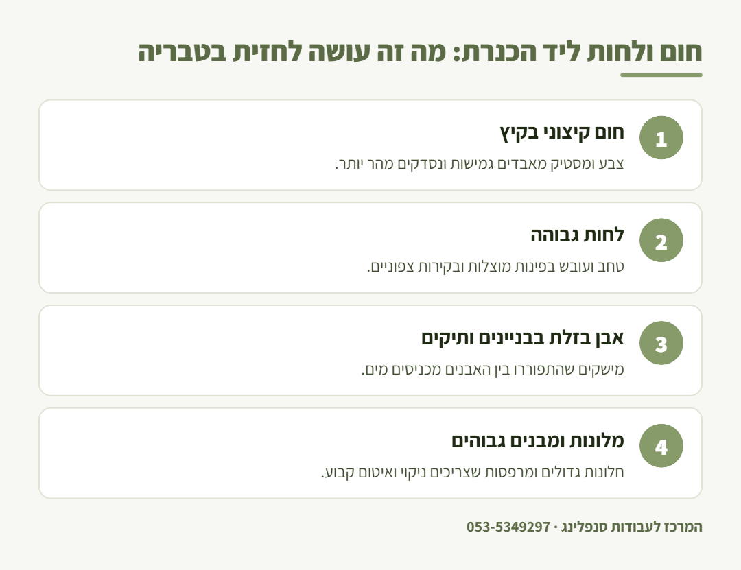 אינפוגרפיקה: ההשפעה של החום והלחות בטבריה על חזיתות בניינים ומלונות, והטיפול בסנפלינג